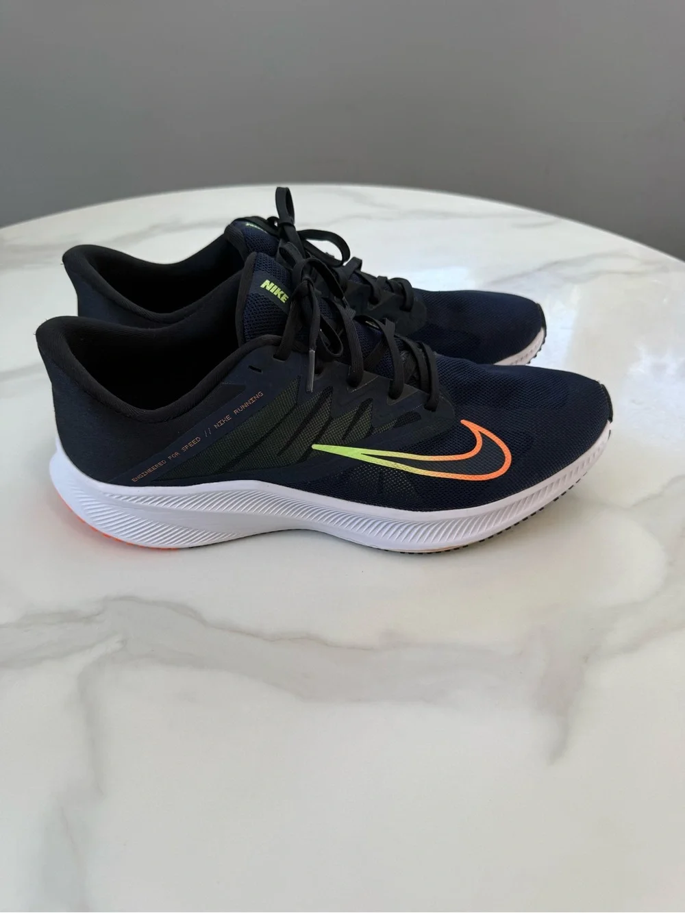 Nike Men’s Navy Athletic Shoes with Orange and Lime Swoosh